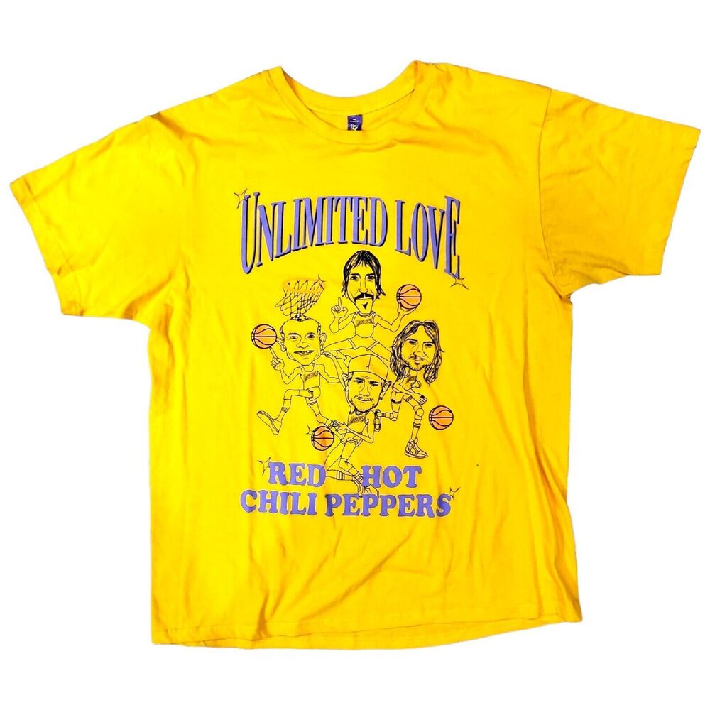 RED HOT CHILLI PEPPERS Shirt Adult XL Yellow UNLIMITED LOVE Spell Out LA LAKERS